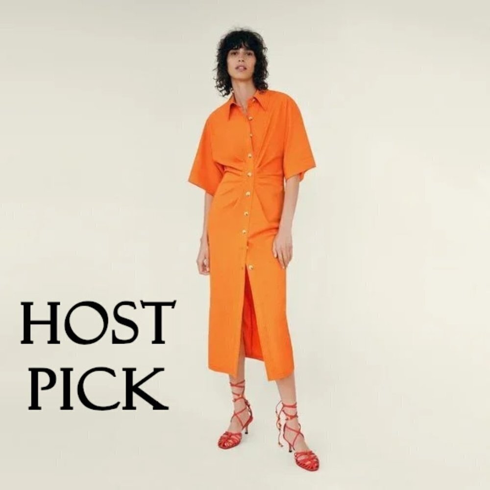 NWT Zara orange draped short sleeve collared midi shirt dress, XS